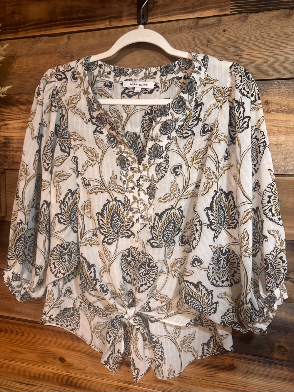 Rose & Olive Size Small Floral Tie-Front Boho Blouse